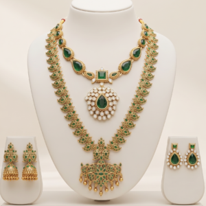 South Indian green long haram jewellery set with short necklace and earrings in matte gold finish