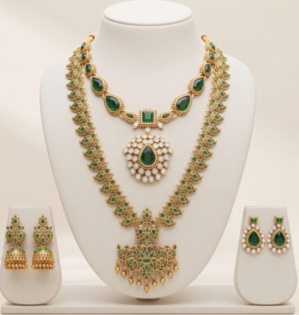 South Indian green long haram jewellery set with short necklace and earrings in matte gold finish