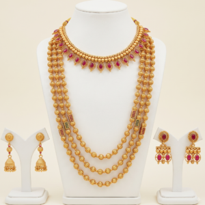 South Indian 3 layer long haram jewellery set with ruby short necklace and earrings in matte gold finish