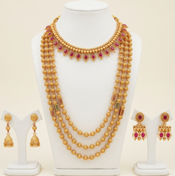 South Indian 3 layer long haram jewellery set with ruby short necklace and earrings in matte gold finish