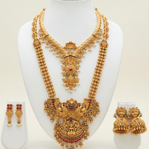 South Indian bridal long haram and short necklace jewellery set with earrings in matte gold finish