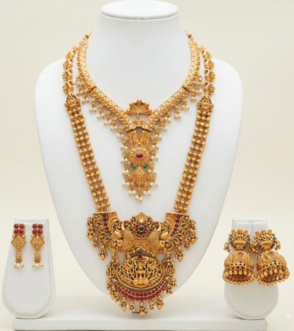 South Indian bridal long haram and short necklace jewellery set with earrings in matte gold finish