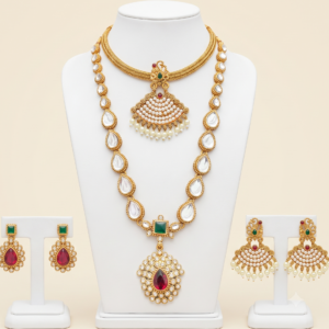South Indian white stone long necklace and pendant chain jewellery set with earrings in matte gold finish