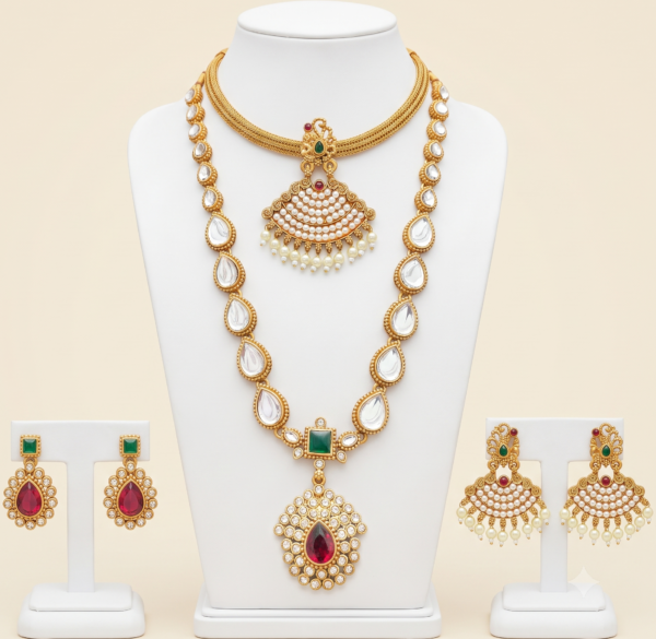 South Indian white stone long necklace and pendant chain jewellery set with earrings in matte gold finish