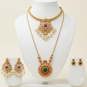 South Indian green pendant chain and short necklace set with two pairs of earrings in matte gold finish
