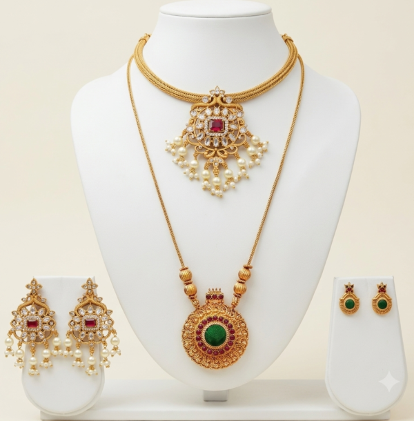 South Indian green pendant chain and short necklace set with two pairs of earrings in matte gold finish