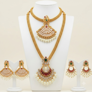South Indian long pendant chain and pearl short necklace set with two pairs of earrings in matte gold finish