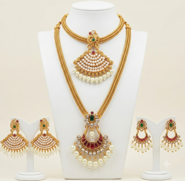 South Indian long pendant chain and pearl short necklace set with two pairs of earrings in matte gold finish