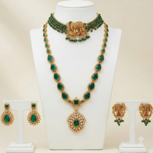 South Indian green long pendant necklace and elephant choker set with two pairs of earrings in matte gold finish