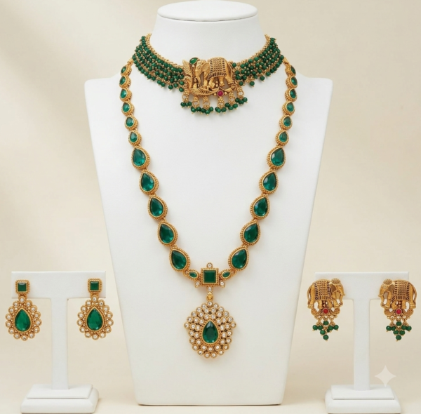 South Indian green long pendant necklace and elephant choker set with two pairs of earrings in matte gold finish