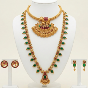 South Indian elephant pendant necklace and green long necklace set with two pairs of earrings in matte gold finish