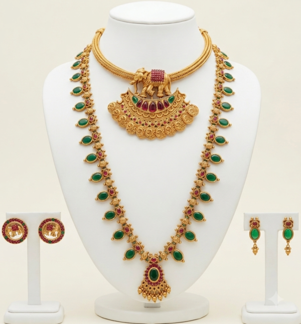 South Indian elephant pendant necklace and green long necklace set with two pairs of earrings in matte gold finish