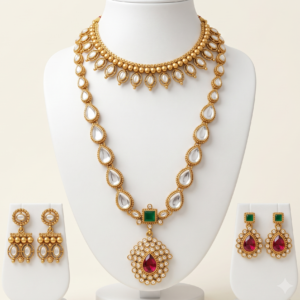 South Indian white stone long and short necklace set with ruby pendant and two pairs of earrings in matte gold finish