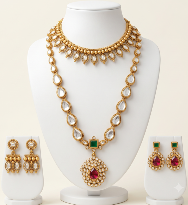 South Indian white stone long and short necklace set with ruby pendant and two pairs of earrings in matte gold finish