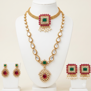 South Indian white stone long and short necklace set with ruby green pendant and two pairs of earrings