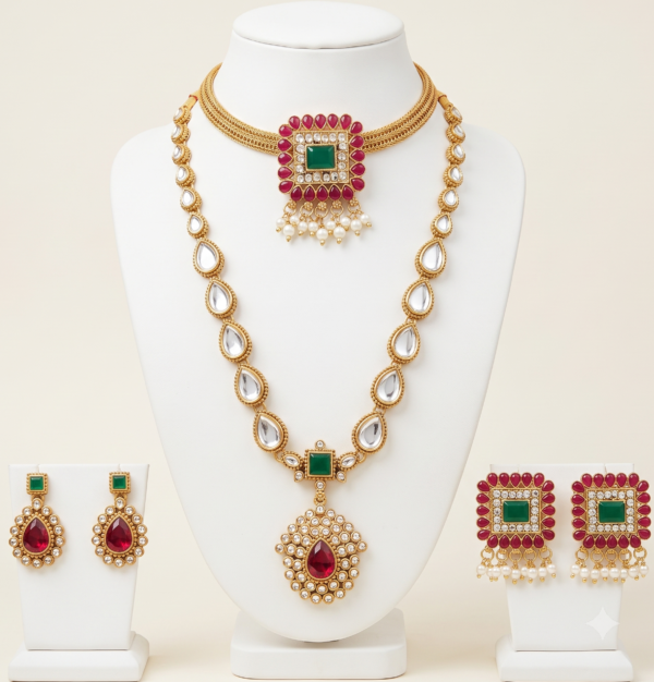 South Indian white stone long and short necklace set with ruby green pendant and two pairs of earrings