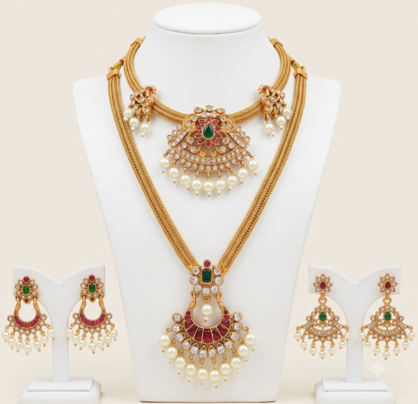 South Indian matte gold long and short necklace set with ruby green stones, pearl drops and two pairs of earrings