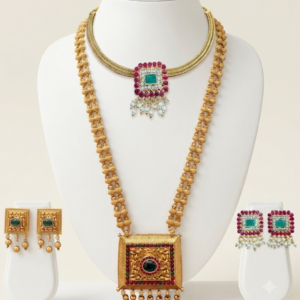 South Indian matte gold long and short necklace set with square pendant, ruby green details and two pairs of earrings