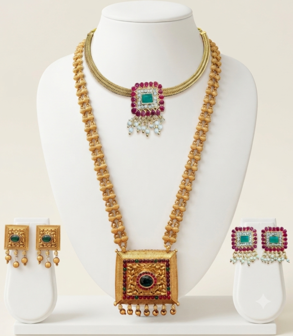 South Indian matte gold long and short necklace set with square pendant, ruby green details and two pairs of earrings