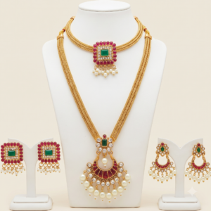 South Indian ruby green long and short necklace set with matte gold finish, pearl drops and two pairs of earrings