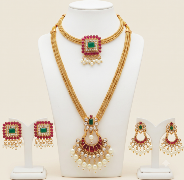 South Indian ruby green long and short necklace set with matte gold finish, pearl drops and two pairs of earrings