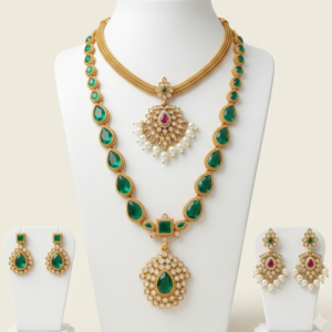 South Indian green stone long and short necklace set with matte gold finish, pearl drops and two pairs of earrings