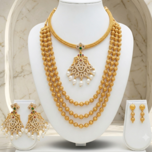 South Indian matte gold finish 3 layer ball mala and short pendant necklace combo with two pairs of earrings