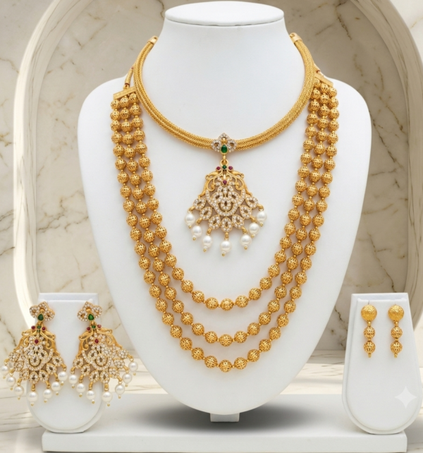 South Indian matte gold finish 3 layer ball mala and short pendant necklace combo with two pairs of earrings