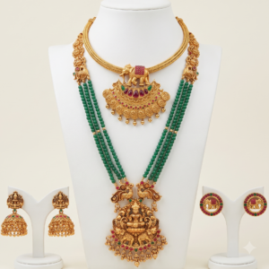 South Indian matte gold finish green beads long haram with Lakshmi pendant, elephant short necklace and two pairs of earrings