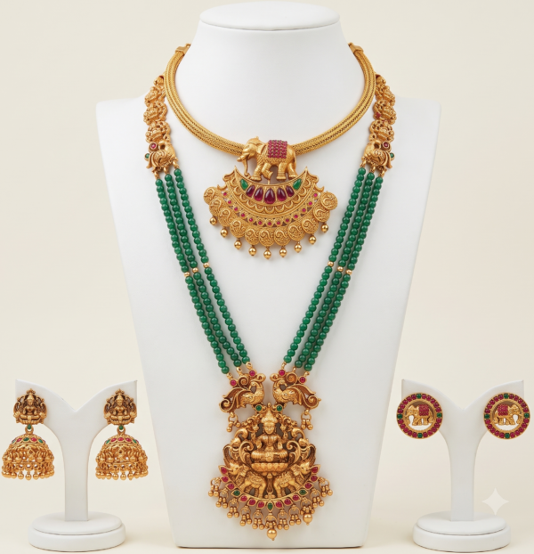 South Indian matte gold finish green beads long haram with Lakshmi pendant, elephant short necklace and two pairs of earrings