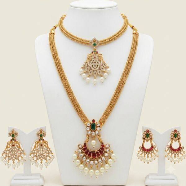 South Indian matte gold finish long pendant chain and short necklace combo with ruby green stones pearl drops and matching earrings