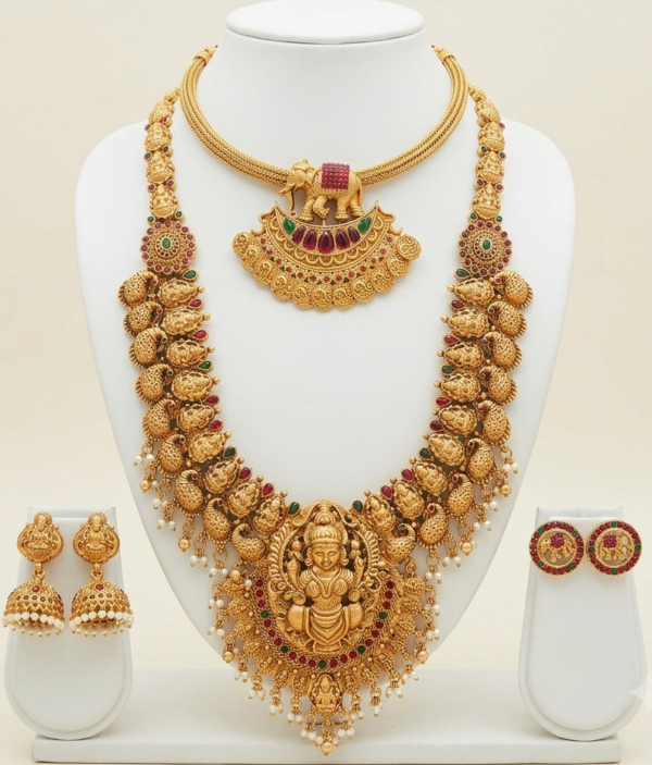 South Indian matte gold finish Lakshmi long haram with elephant pendant short necklace and two pairs of matching earrings