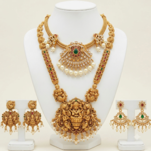 South Indian matte gold finish Lakshmi long haram and peacock short necklace combo with pearl drops and matching earrings