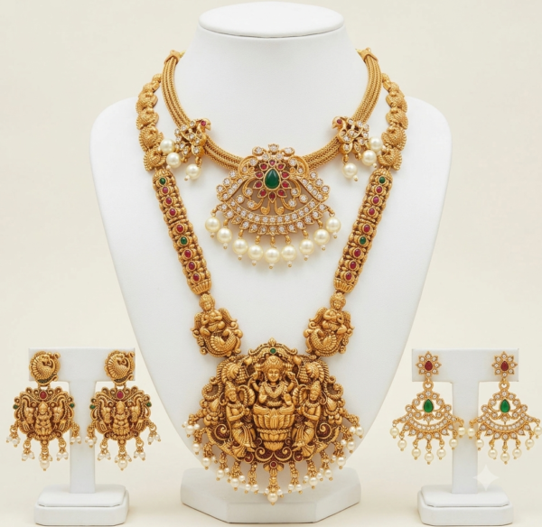 South Indian matte gold finish Lakshmi long haram and peacock short necklace combo with pearl drops and matching earrings