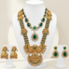 Traditional gold plated temple jewellery set with long haar, necklace and earrings in emerald green