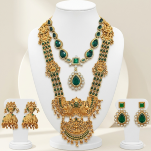 Traditional gold plated temple jewellery set with long haar, necklace and earrings in emerald green
