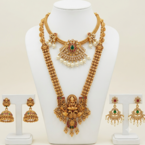 South Indian matte gold finish Lakshmi long haram and peacock short necklace combo with jhumka and pearl drop earrings