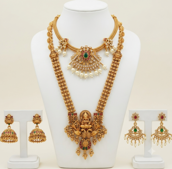 South Indian matte gold finish Lakshmi long haram and peacock short necklace combo with jhumka and pearl drop earrings