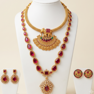 South Indian matte gold finish ruby long pendant necklace and elephant short necklace combo with two pairs of matching earrings