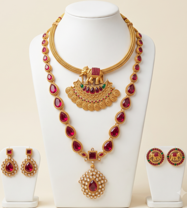 South Indian matte gold finish ruby long pendant necklace and elephant short necklace combo with two pairs of matching earrings