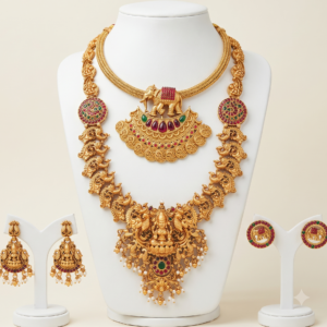 South Indian matte gold Lakshmi long haram and elephant short necklace combo with two pairs of earrings