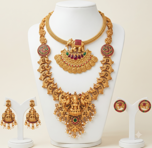 South Indian matte gold Lakshmi long haram and elephant short necklace combo with two pairs of earrings