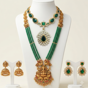South Indian matte gold Lakshmi green beads long haram and emerald stone necklace combo with two pairs of earrings