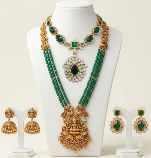 South Indian matte gold Lakshmi green beads long haram and emerald stone necklace combo with two pairs of earrings