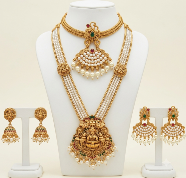 South Indian matte gold Lakshmi pearl long haram and pearl choker necklace combo with two pairs of earrings