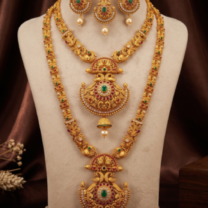 South Indian matte gold peacock long haram and short necklace combo with earrings and maang tikka