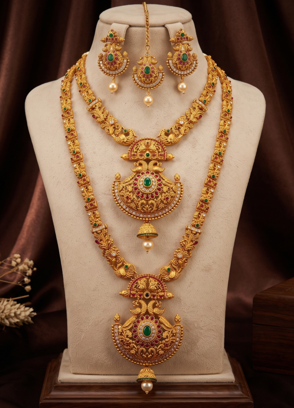 South Indian matte gold peacock long haram and short necklace combo with earrings and maang tikka