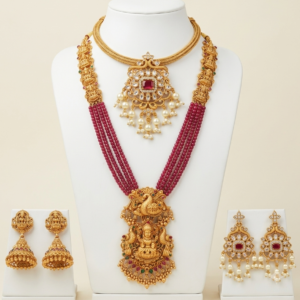 South Indian matte gold Lakshmi ruby beads long haram and Kundan short necklace combo with two pairs of earrings