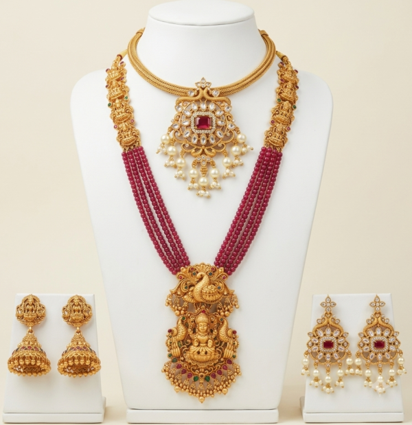 South Indian matte gold Lakshmi ruby beads long haram and Kundan short necklace combo with two pairs of earrings