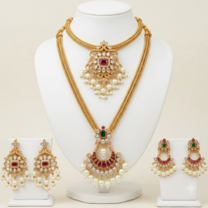 South Indian matte gold Kundan long haram and ruby pearl choker necklace combo with two pairs of earrings